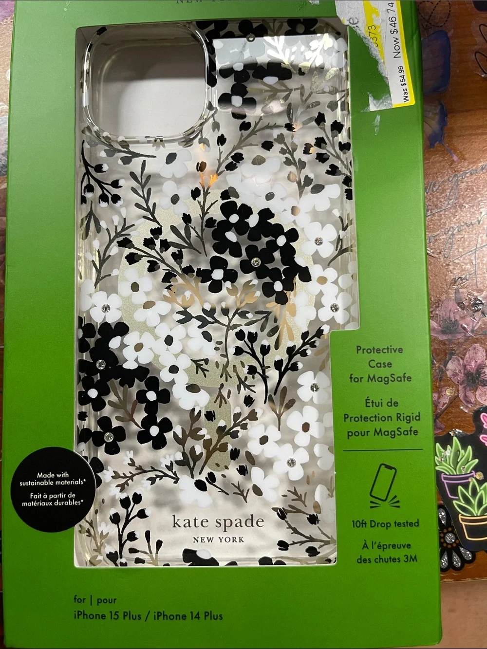 kate spade Clear Floral MagSafe iPhone 15 plus/14 plus case. Black, White & Gold